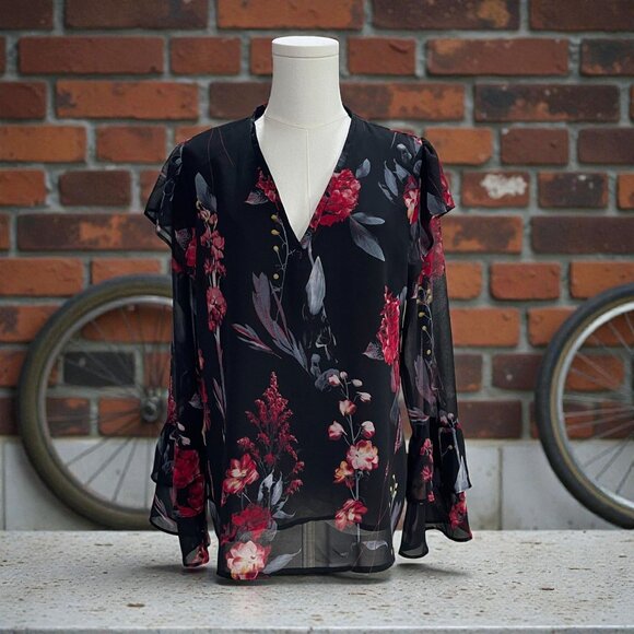 Romantic Sheer Floral Blouse Black Red Long Sleeve Ruffle Top Cottagecore - Picture 1 of 9